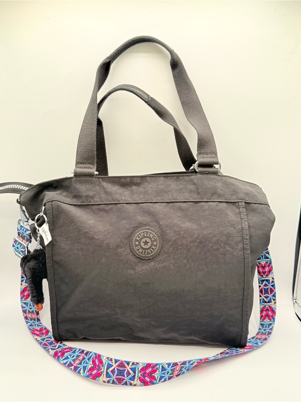 Kipling Black Nylon 2-Way Tote Shoulder Bag Monkey Charm Colorful Strap.READ
